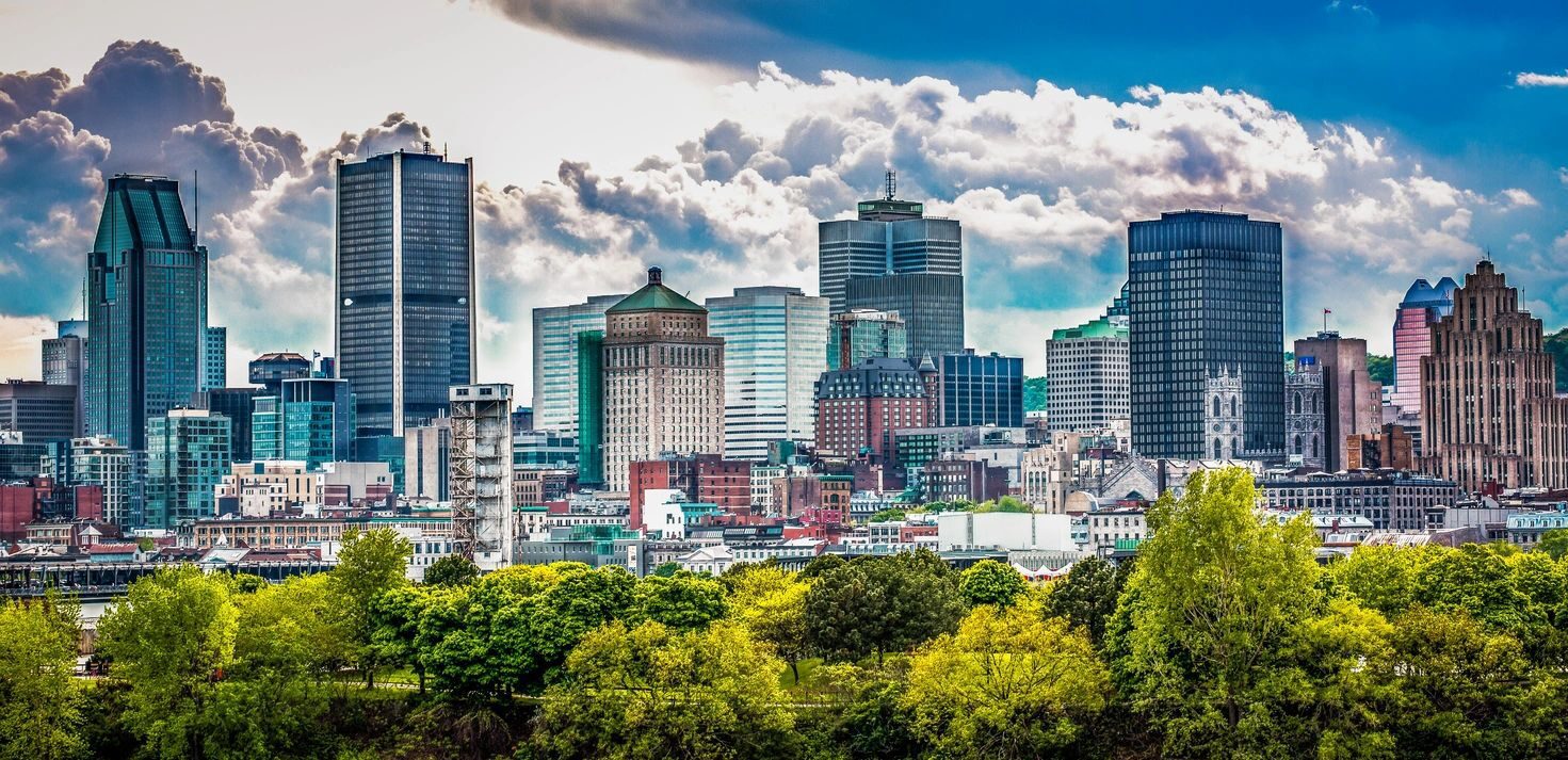 A view of the city skyline from across the street.